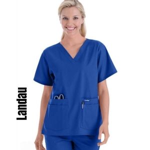 Landau Women's Short Sleeve V-Neck Top in Blue Size Large